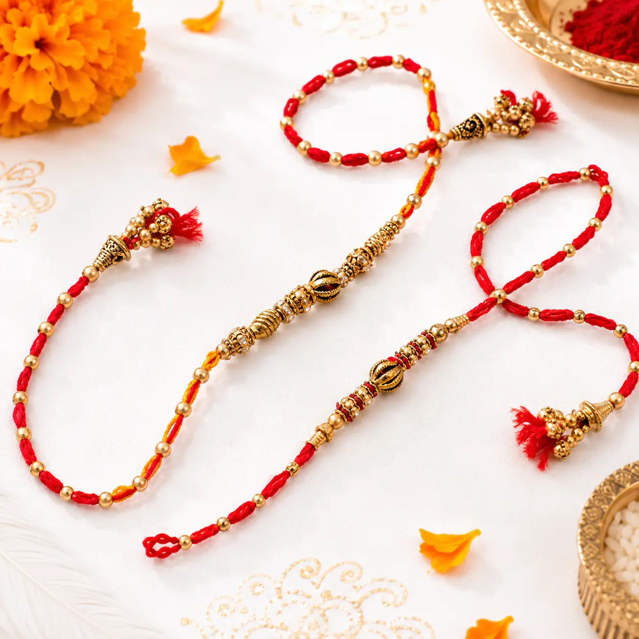 Traditional Golden Beads Bhai Rakhi Set of 2